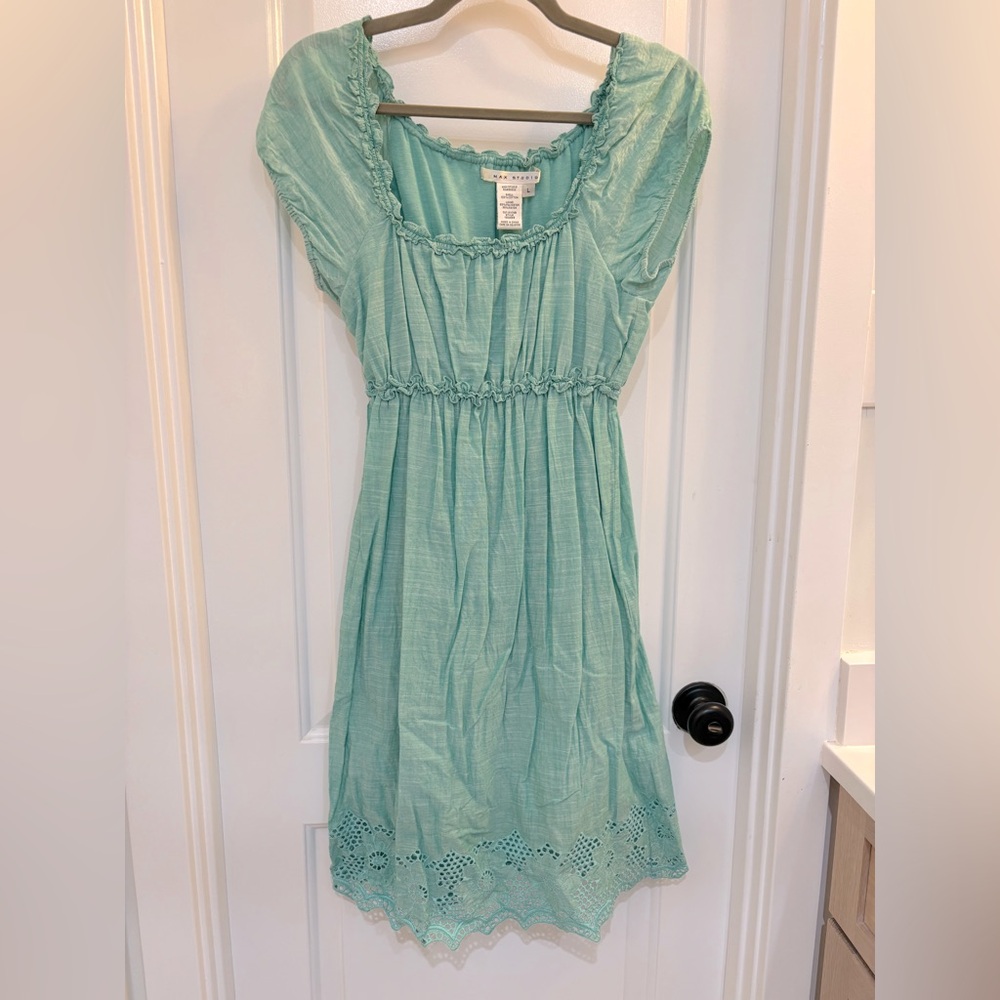Max Studio Mint Green Cotton Eyelet Stretch Peasant Dress Size Large